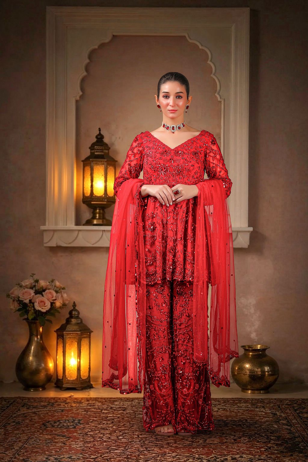 Crimson kurti sharara, front